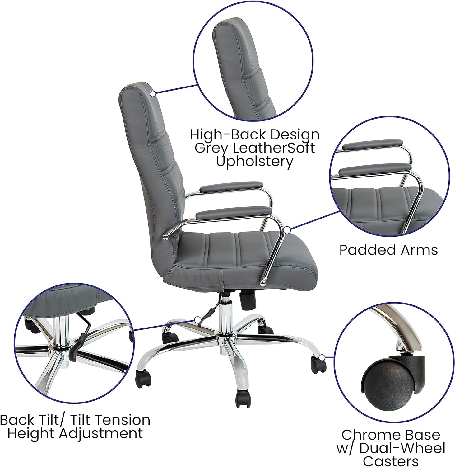 Whitney High-Back Swivel Leathersoft Desk Chair with Padded Seat and Armrests, Adjustable Height Padded Office Chair, Gray/Chrome-3