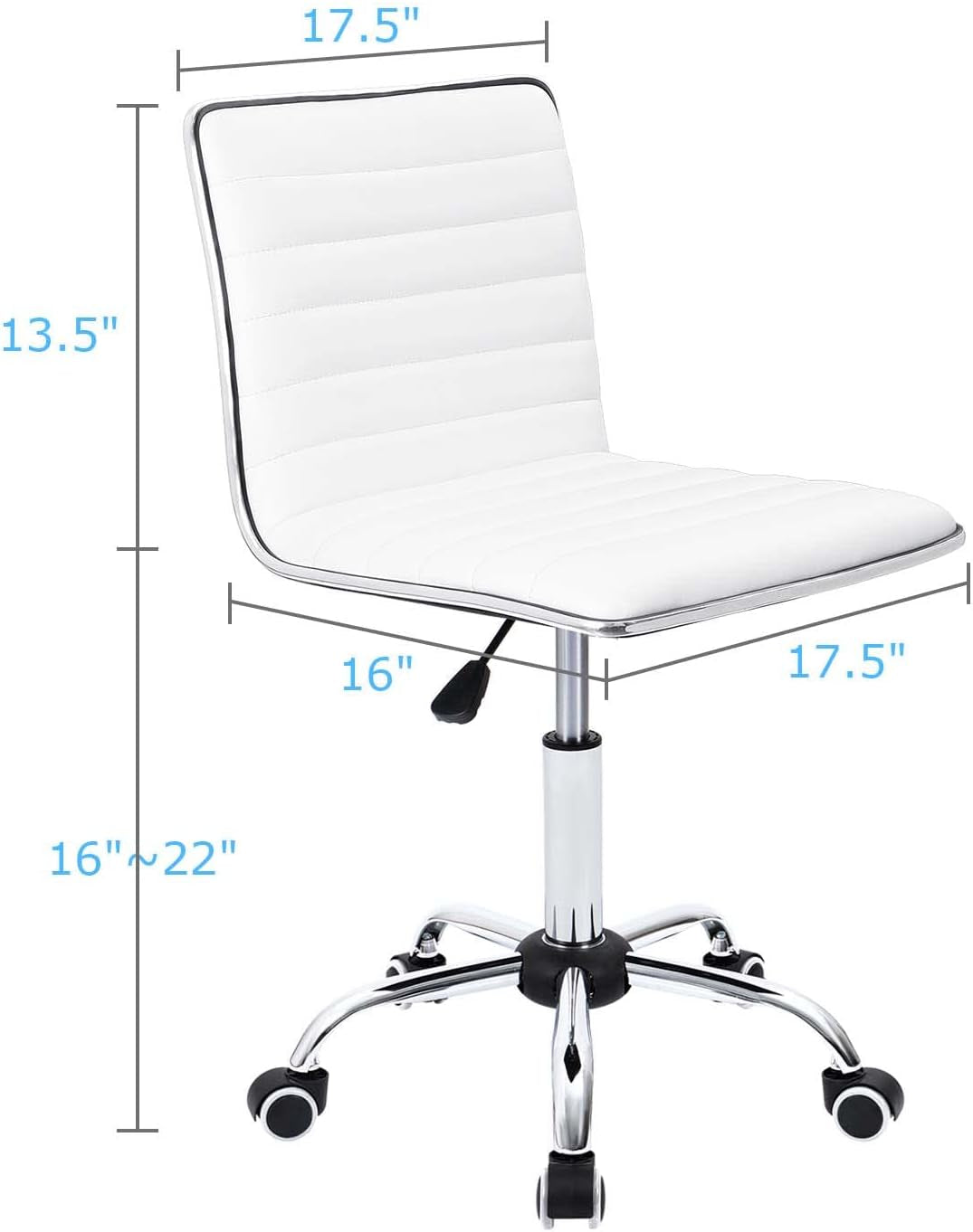 Mid Back Vanity Chair for Makeup Room, Low Back PU Leather Swivel Computer Desk Chair, Task and Office Chair Retro with Armless Ribbed (White)-2