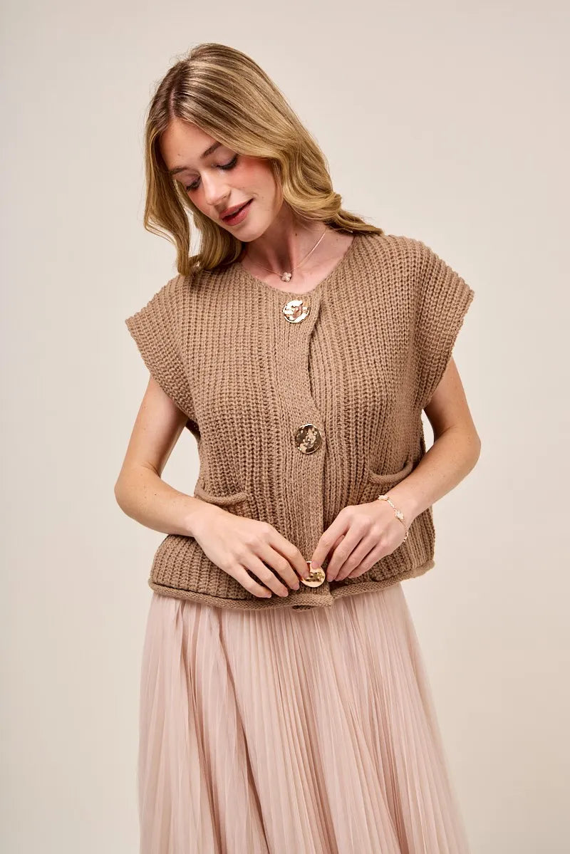 SO ME Big Metal Button Front Sweater Vest