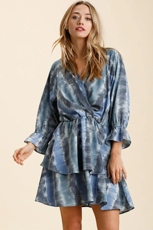 Umgee Tie Dye Ruffled Layered Dress with Elastic Waistband