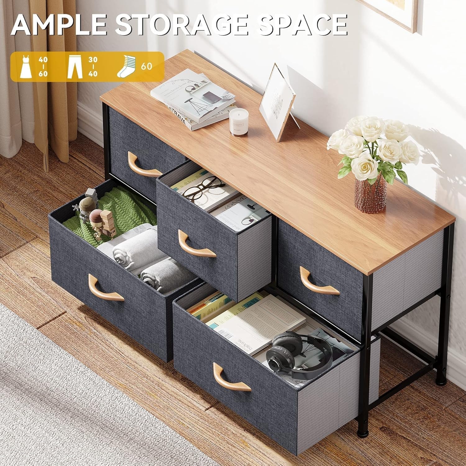 Dresser TV Stand, Fabric Dresser with 5 Drawers, Dresser for Bedroom, Wide Dresser, Storage Tower, Chest of Drawers for Closet, Living Room, Hallway, Dull Grey-3