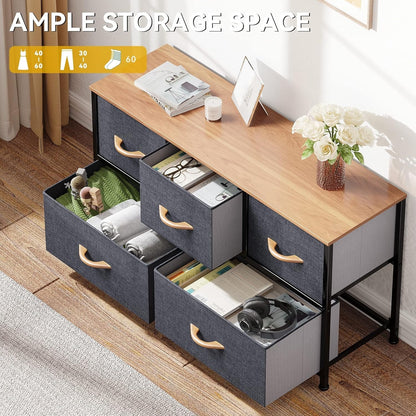 Dresser TV Stand, Fabric Dresser with 5 Drawers, Dresser for Bedroom, Wide Dresser, Storage Tower, Chest of Drawers for Closet, Living Room, Hallway, Dull Grey-3