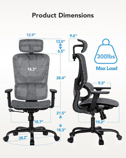 Ergonomic Mesh Office Chair, High Back Desk Chair with 5-Level Lumbar Support, Adjustable Headrest, Armrests, Rocking Tilt, Computer Mesh Chair for Home Office Gaming-2