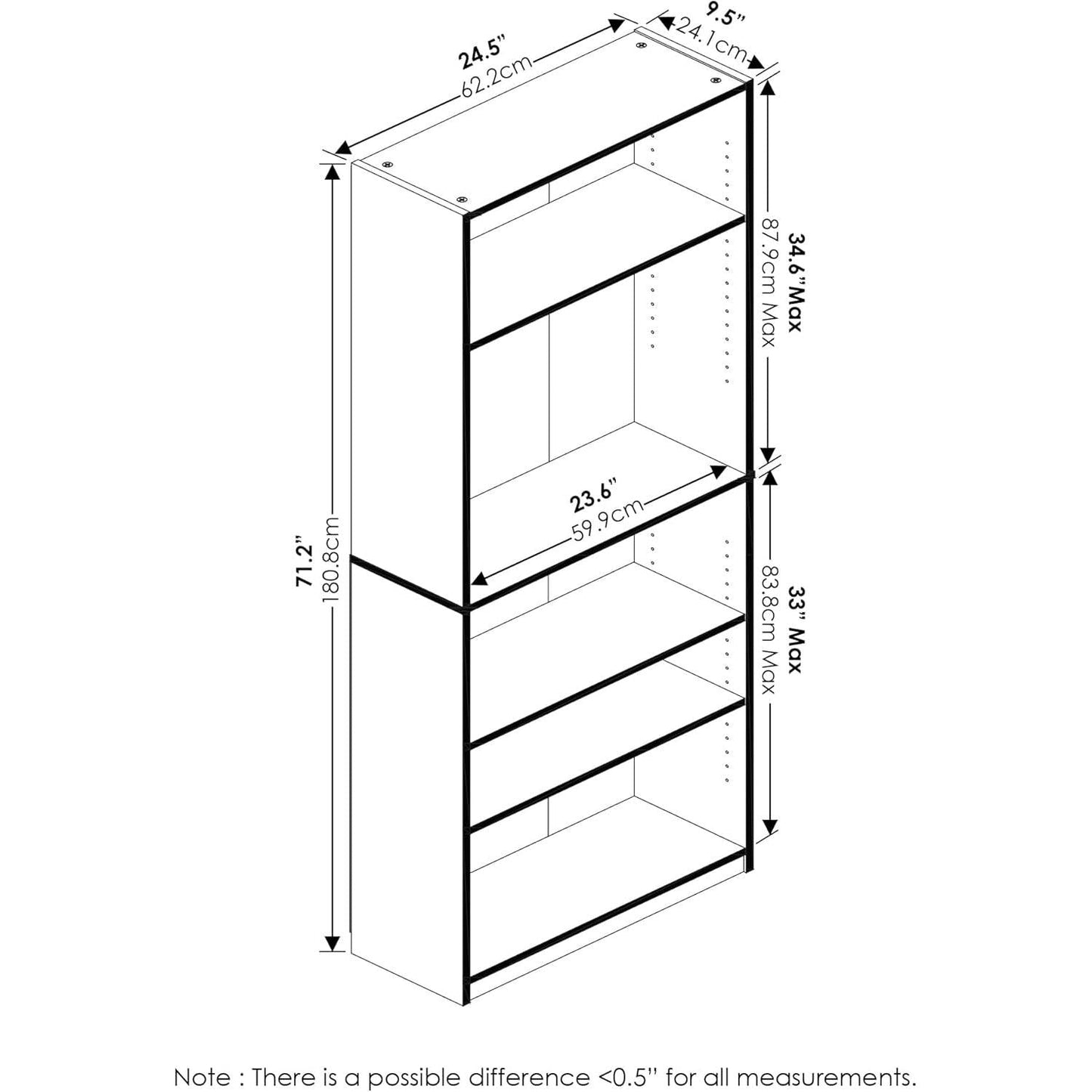 JAYA Simply Home 5-Shelf Bookcase, 5-Tier, Black-2