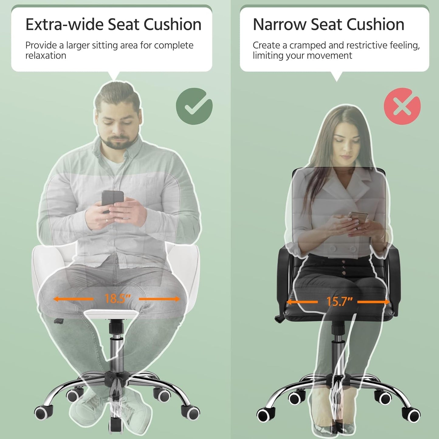 Faux Leather Office Chair Modern Vanity Chair Ergonomic Adjustable Makeup Chair with Padded Armrests Big Seat for Office, Bedroom, Living Room, White-4