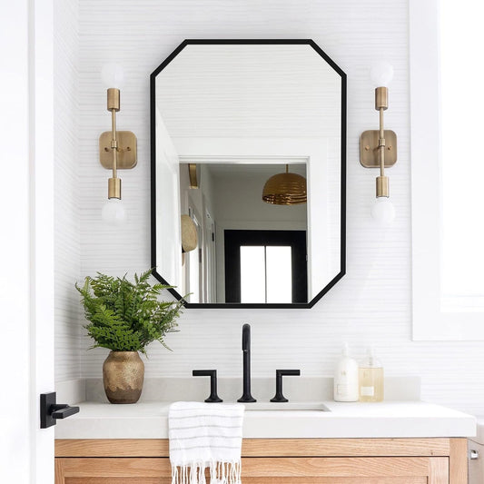 Octagon Wall Mirror,Black Bathroom Mirror,Asymmetrical Vanity Mirror,Metal Framed Wall Mounted Mirror,Large Shaped Dressing Mirror for Bedroom Living Room Entryway 20"X28"-0