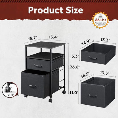 Mobile File Cabinet, Rolling Printer Stand with Open Storage Shelf, Fabric Vertical Filing Cabinet Fits A4 or Letter Size for Home Office, Black-2