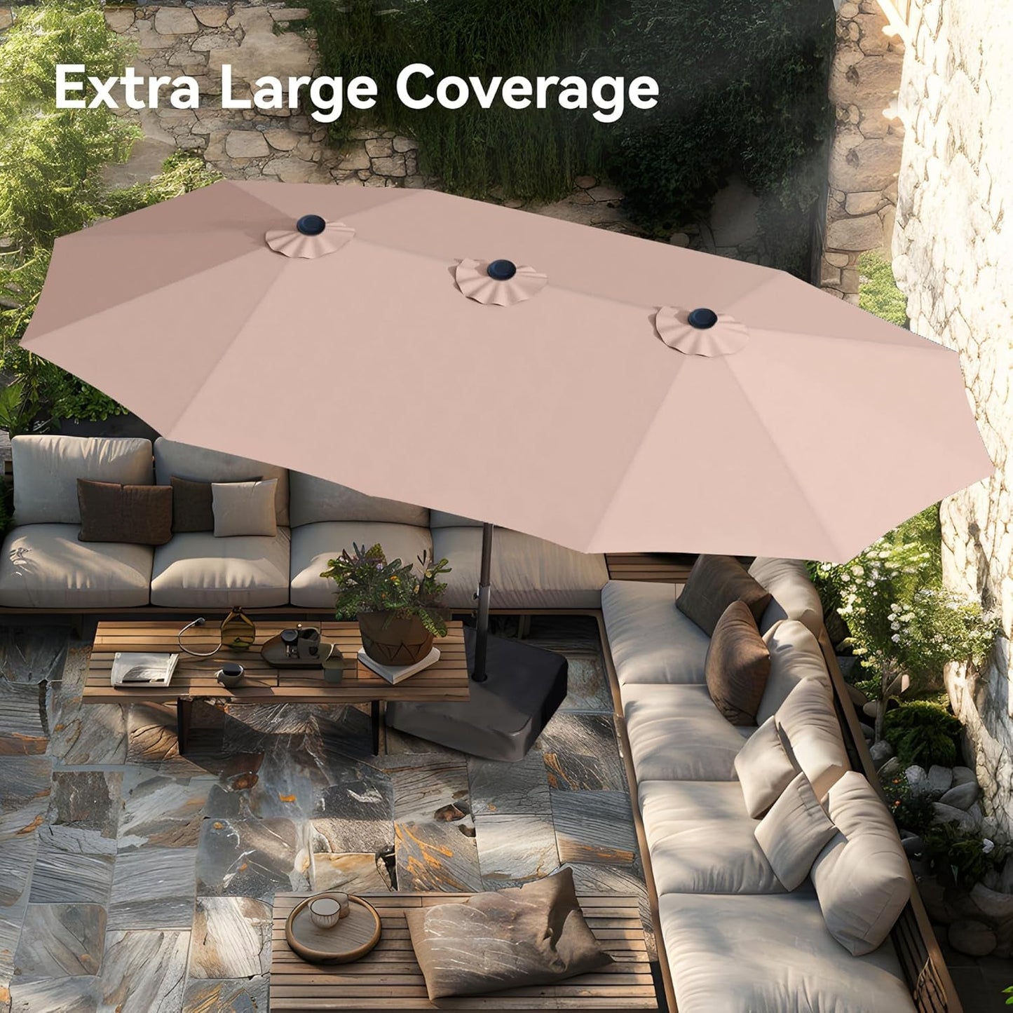 15Ft Large Patio Umbrellas with Base Included, Outdoor Double-Sided Rectangle Market Umbrella with Crank Handle, for Poolside Lawn Garden, Beige-2