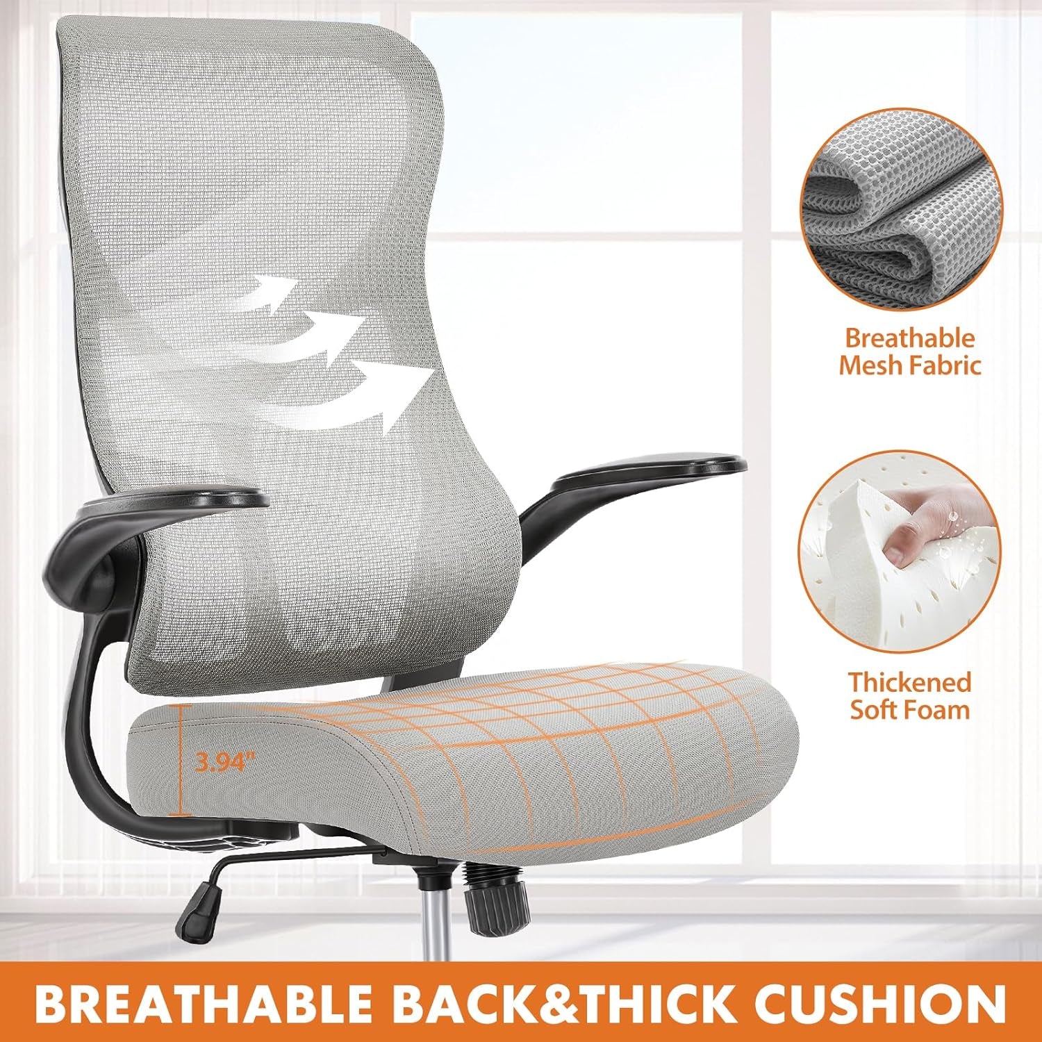 Ergonomic Office Desk Computer Chair, Comfy High Back Swivel Rolling Home Mesh Gaming Chairs with Wheels, Lumbar Support, Flip-Up Arms,120°Tilt for Bedroom, Study, Work, Grey-4