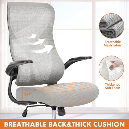 Ergonomic Office Desk Computer Chair, Comfy High Back Swivel Rolling Home Mesh Gaming Chairs with Wheels, Lumbar Support, Flip-Up Arms,120°Tilt for Bedroom, Study, Work, Grey-4