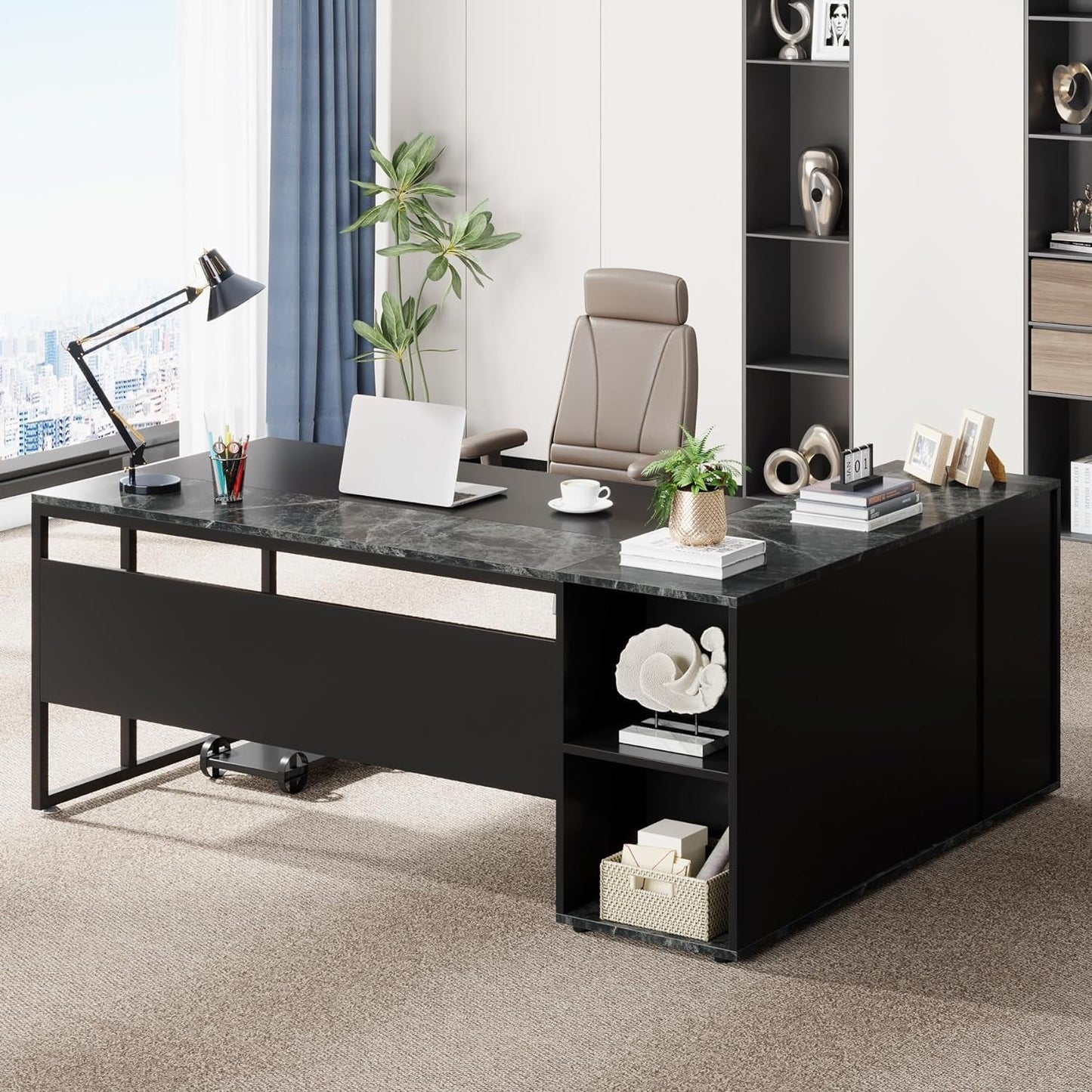 71" L-Shaped Executive Desk with Storage Shelves Black-1