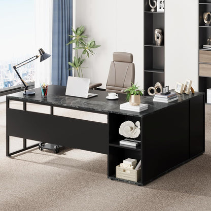 71" L-Shaped Executive Desk with Storage Shelves Black-1