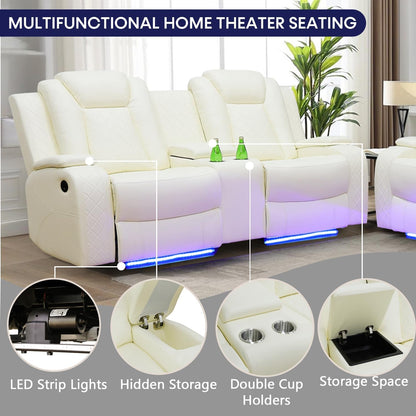 Power Recliner Sofa Set with LED Lights,Leather Reclining Sofa with USB Port/Wireless Charger/Storage Console/Cup Holder,Living Room Furniture Set for House/Home Theater(3 Piece Set,Creamy)-2