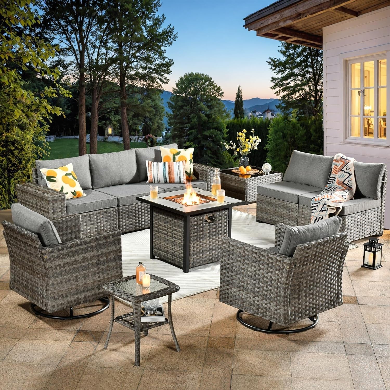 Modular Outdoor Wicker Sofa Set with Fire Pit-0