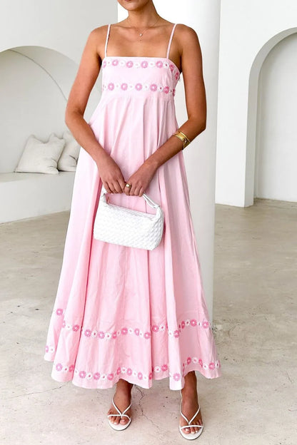 Floral Embroidered Spaghetti Strap Maxi Dress, Blue, Pink or Yellow  SM/MED/LG