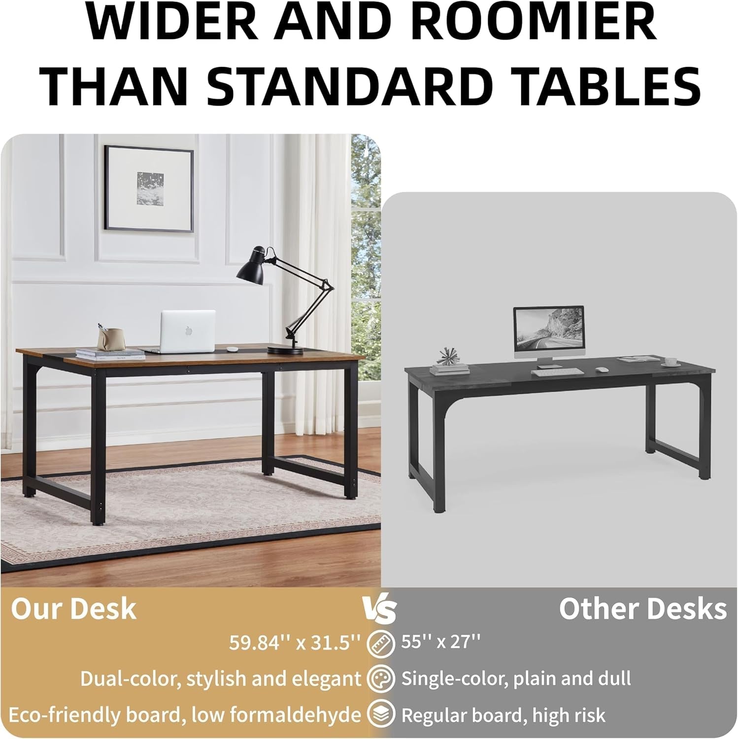 59.8'' Large Computer Desk for Home Office, Gaming, Writing, Study – Modern Wooden Surface with Metal Frame, Rustic Black-3