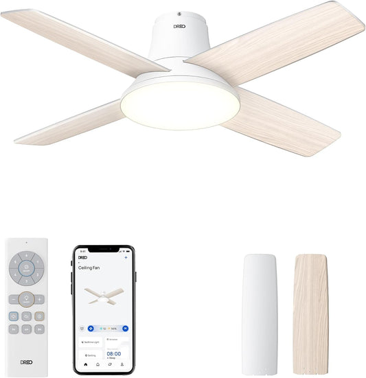 Ceiling Fans with Lights, 12 Speeds & 3 Fan Modes, Quiet DC Motor, Low Profile Easy to Install, Flush Mount Smart Ceiling Fan with Dimmable LED, 12H Timer for Bedroom, Remote, White, 44''-0