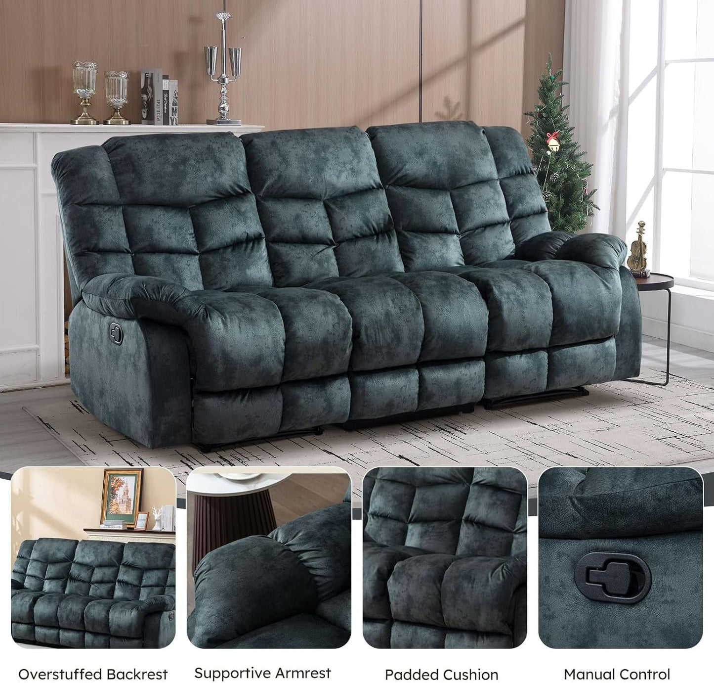 Reclining Living Room Set, One Seat Manual Recliner, Loveseat Recliner Sofa and 3PC Bonded Manual Recliner Set, Grey(Recliner+Loveseat+Sofa)-2