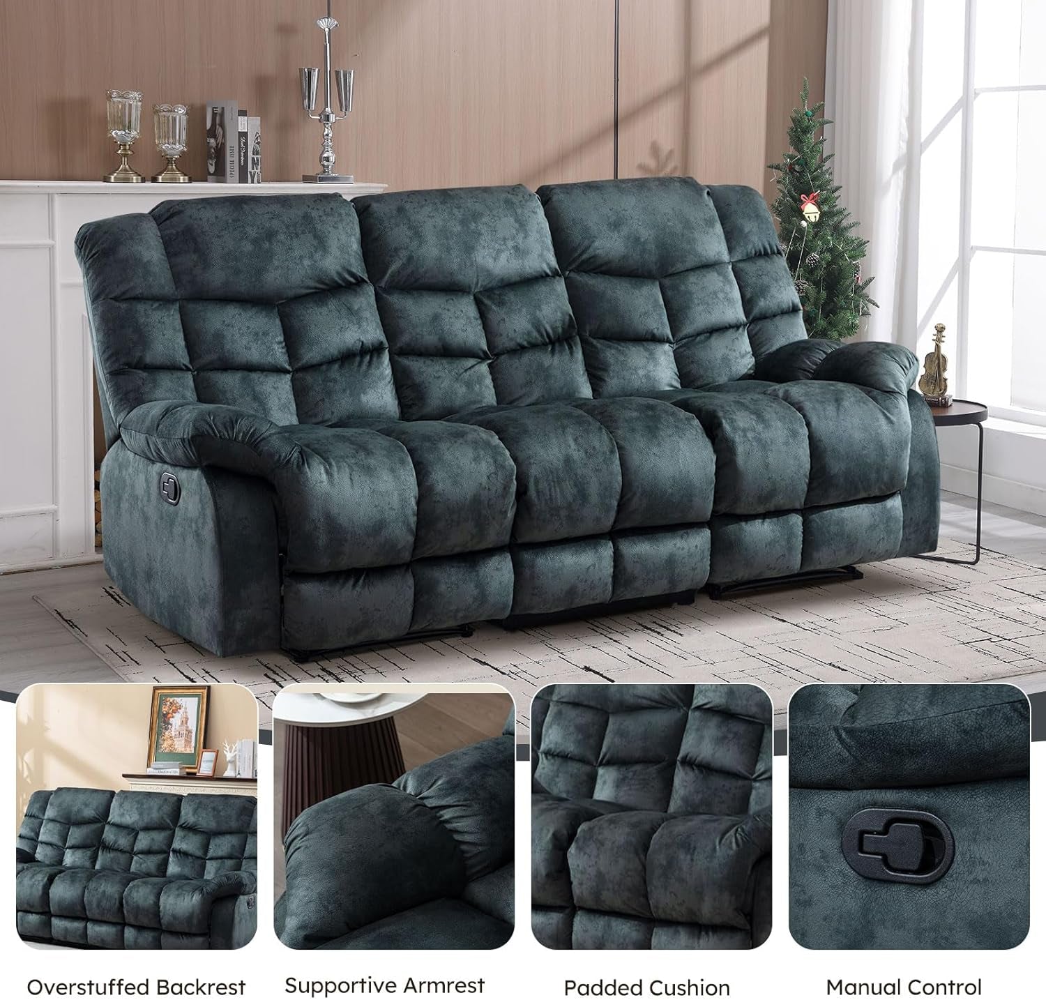 Reclining Living Room Set, One Seat Manual Recliner, Loveseat Recliner Sofa and 3PC Bonded Manual Recliner Set, Grey(Recliner+Loveseat+Sofa)-2