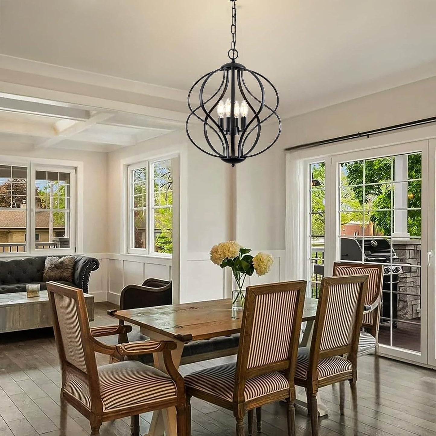 Black 4 Light Geometric Chandelier Pendant Light Dining-2