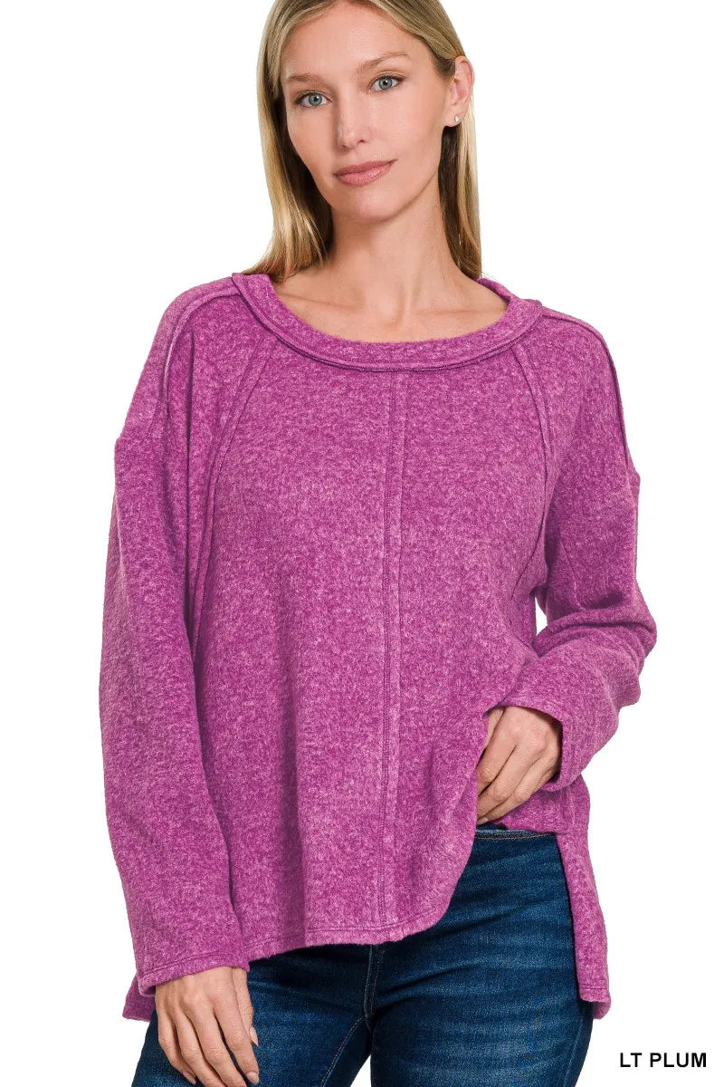 Zenana Brushed Hacci Exposed Seam Hi Low Sweater