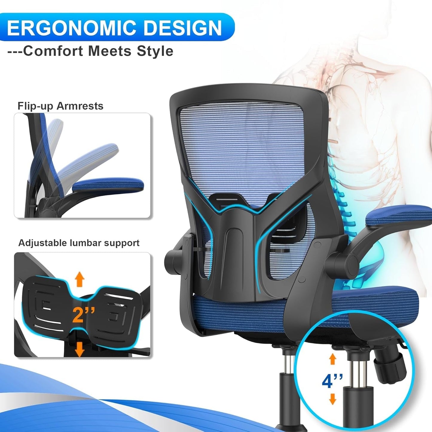 Office Chair, High Back Desk Chair Adjustable Height and Ergonomic Design Home Office Computer Chair Executive Lumbar Support Padded Flip-Up Armrest Swivel Task Chair-2