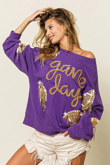 BiBi Sequin Football Patches Game Day Sweatshirt