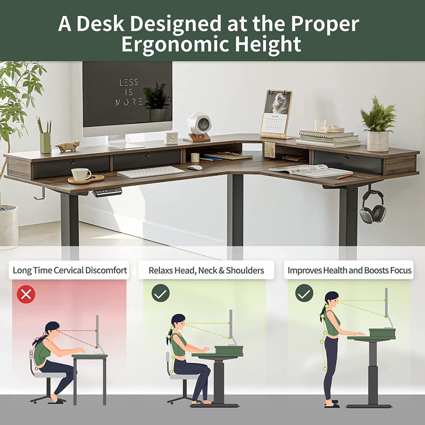 Triple Motor 63″ L Shaped Standing Desk with 3 Drawers, Electric, Black Frame/Black Walnut Top-2