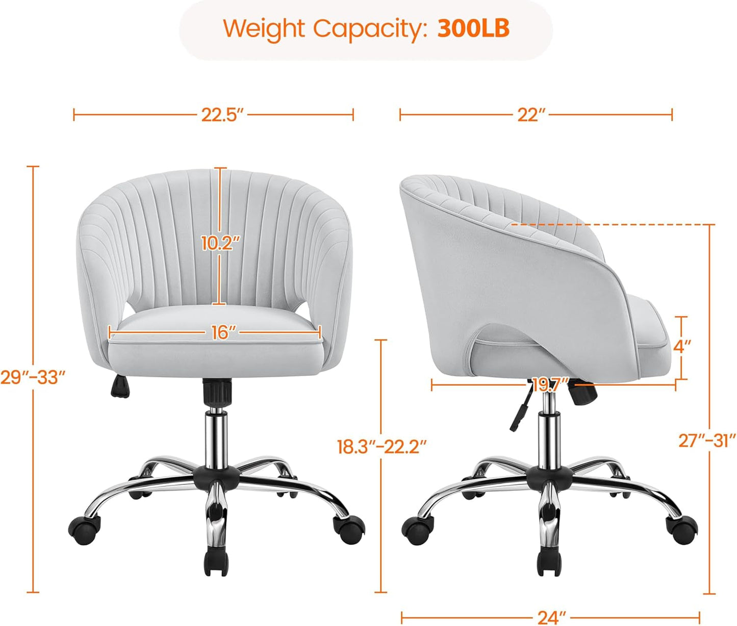 Home Office Chair, Velvet Desk Chair, Upholstered Modern Swivel Chair with Tufted Barrel Back, Rolling Wheels for Office,Study, Vanity,Bedroom Light Gray-2
