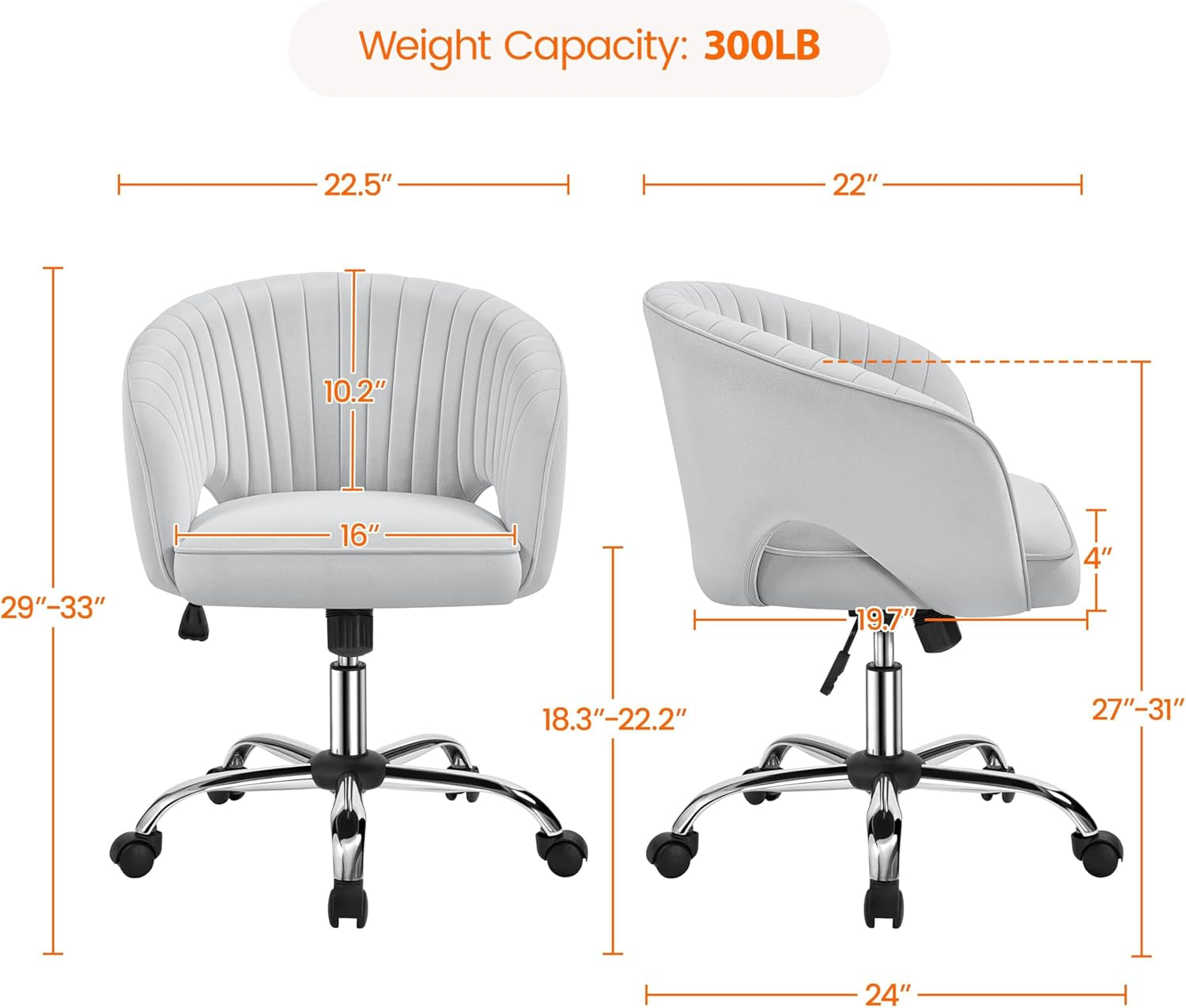 Home Office Chair, Velvet Desk Chair, Upholstered Modern Swivel Chair with Tufted Barrel Back, Rolling Wheels for Office,Study, Vanity,Bedroom Light Gray-2