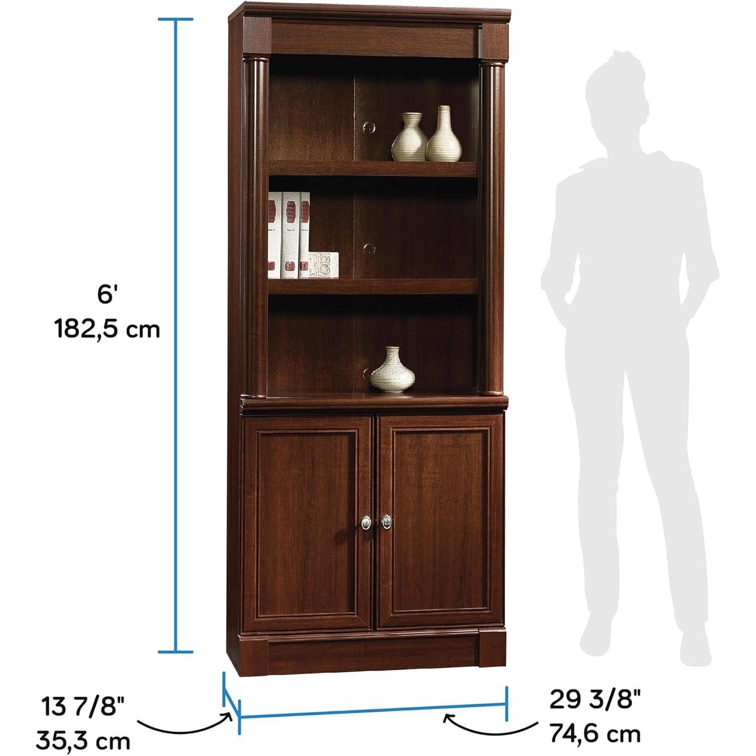 Palladia Book Shelf, Bookshelf with Storage, Library Bookcase with Doors and Adjustable Shelves, L: 29.37" X W: 13.90" X H: 71.85", Select Cherry-2