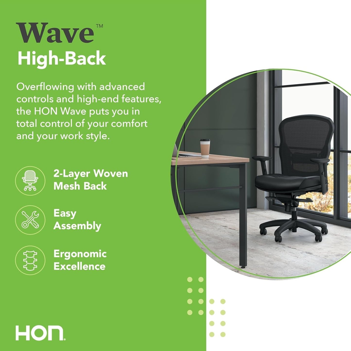 Wave High Back Office Chair Ergonomic Office Chair with Leather Seat, Breathable Back Mesh Desk Chair with Wheels and Arms, 360 Swivel, Synchro-Tilt Recline - Comfortable Home Office Desk Chair-2