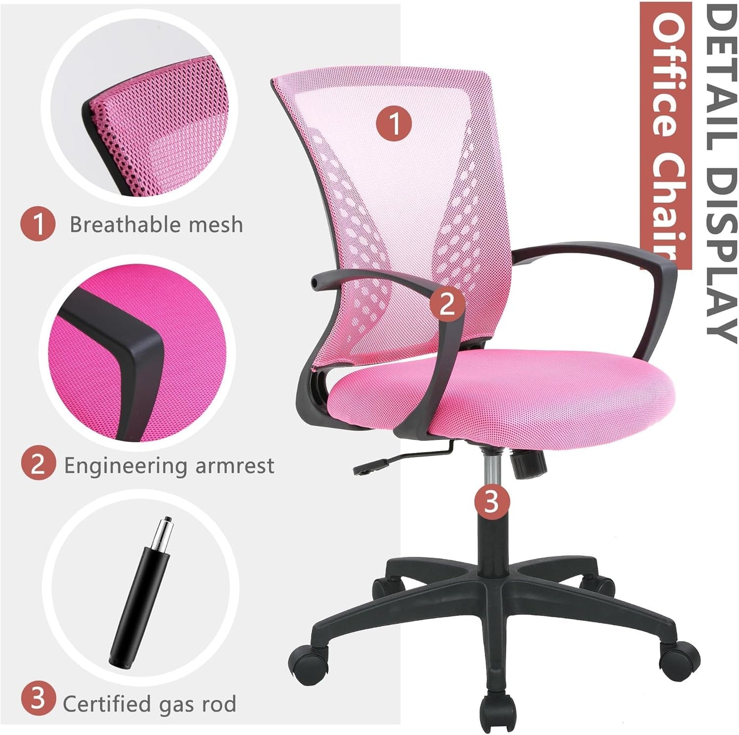 Office Computer Gaming Chair Ergonomic Mesh Desk Chair Adjustable Video Game Chairs with 360 Degrees Swivel Wheels Armrest Lumbar Support for Home Office,Pink-3