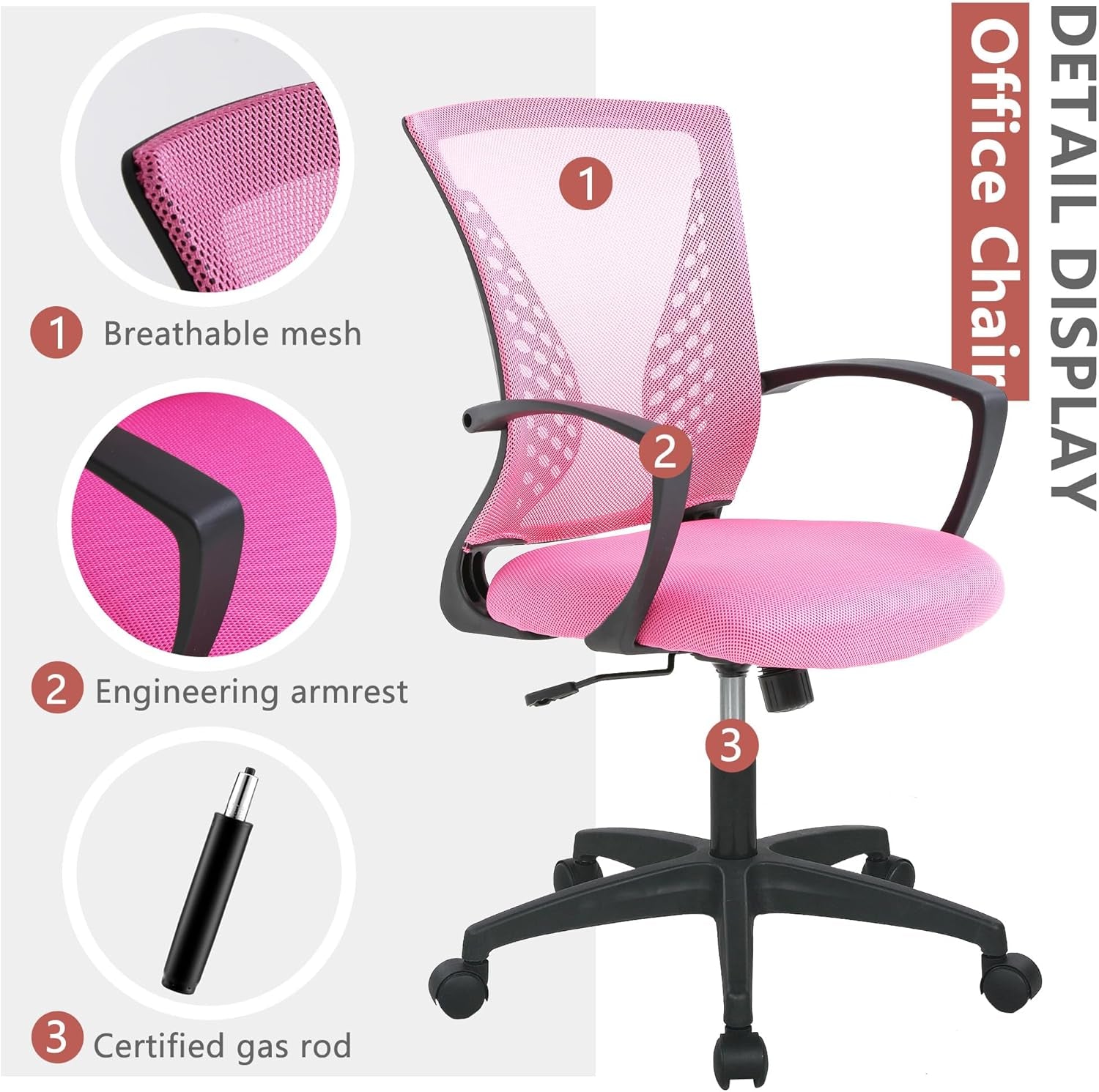 Office Computer Gaming Chair Ergonomic Mesh Desk Chair Adjustable Video Game Chairs with 360 Degrees Swivel Wheels Armrest Lumbar Support for Home Office,Pink-3