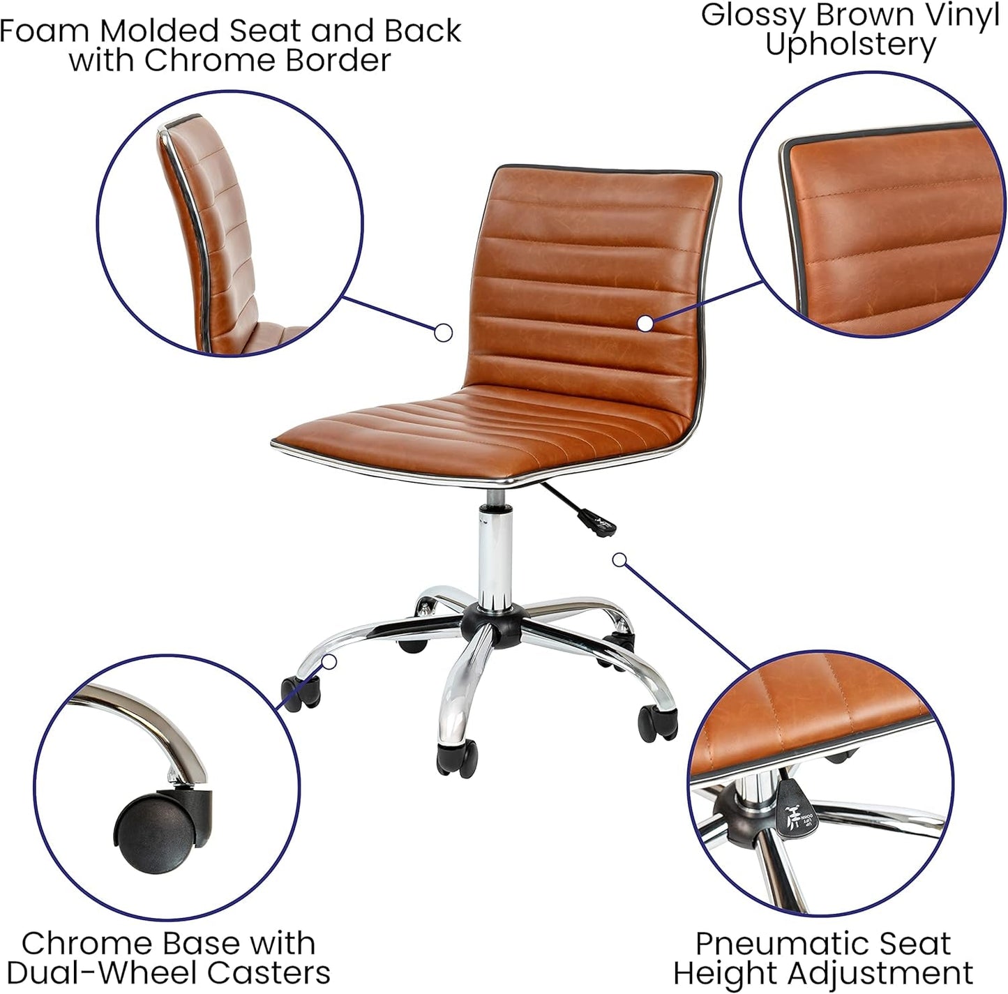 Alan Office Task Chair - Brown Vinyl - Chrome Frame - Armless - Ribbed Back and Seat - Low Back Design-3