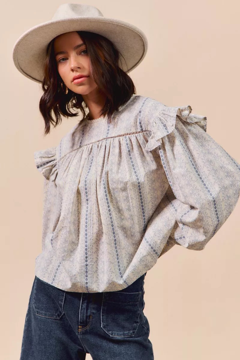 SO ME Floral Cotton Print Ruffled Long Sleeve Blouse