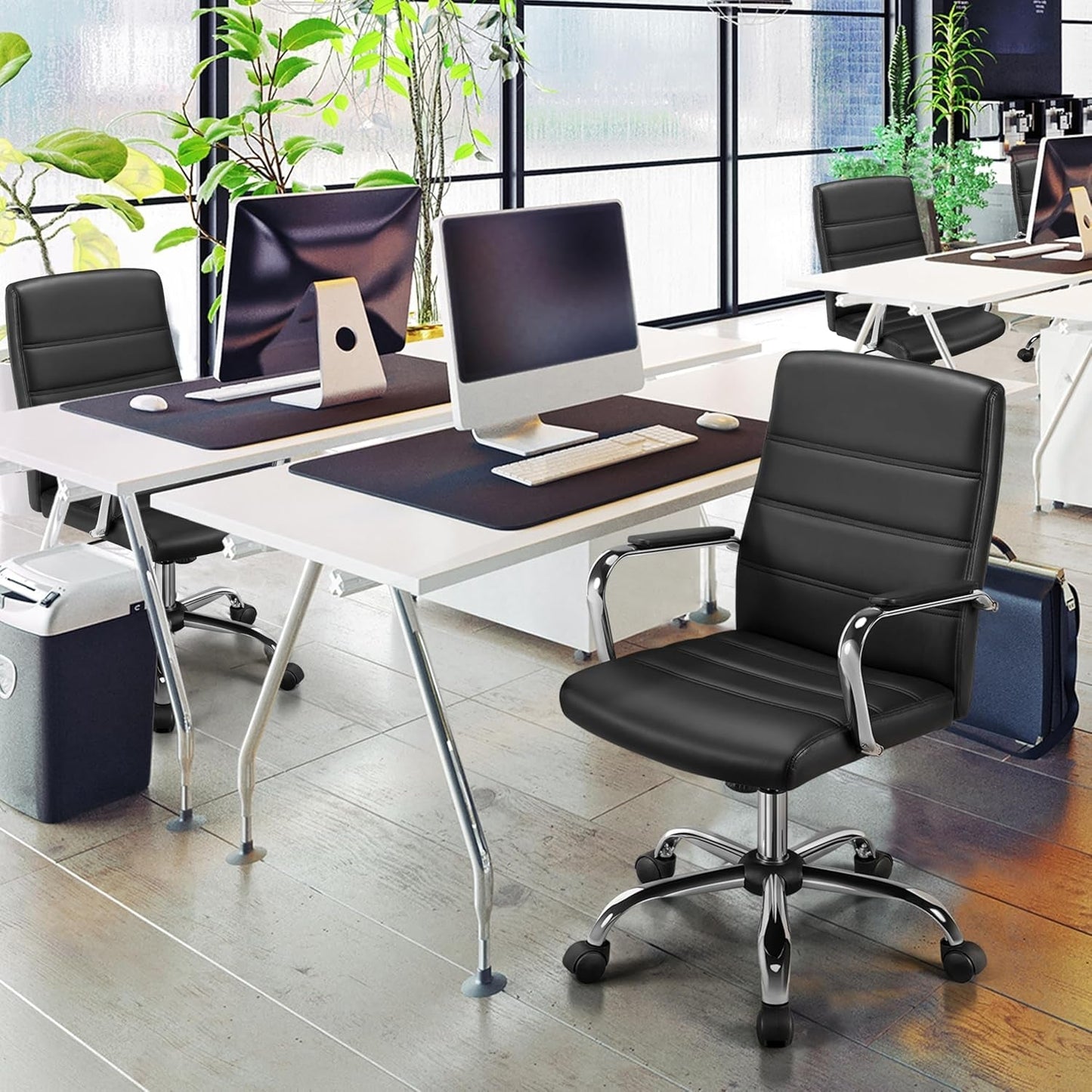 Managerial Executive Chairs Office Task Chair Mid-Back PU Leather Ergonomic Computer Desk Chair W/Lumbar Support Swivel Wheels Thick Padding Seat for Home Office, Black-3