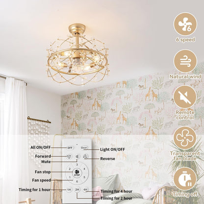 20 Inch Gold Caged Ceiling Fan with Light, Flower Chandelier Ceiling Fan with Lights Remote Control, Modern Crystal Fandelier 6 Speeds for Girl'S Bedroom, Living Room-3