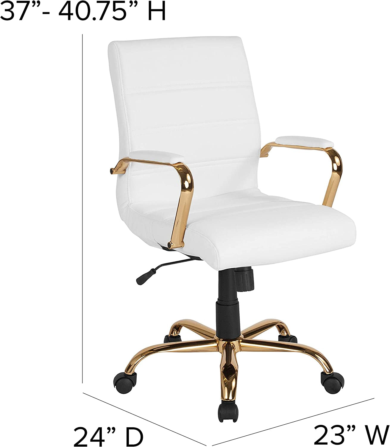 Whitney Mid-Back Swivel Leathersoft Desk Chair with Padded Seat and Armrests, Adjustable Height Padded Office Chair, White/Gold-2