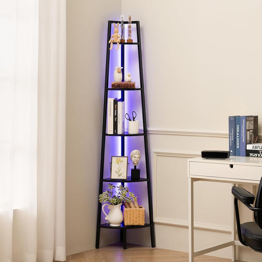 Corner Shelf Stand, 5-Tier Corner Bookshelf with LED Light Corner Shelves for Bedroom, Tall Corner Book Shelf with Steel Frame Corner Bookcase Book Shelves Display Shelf for Living Room Office-0