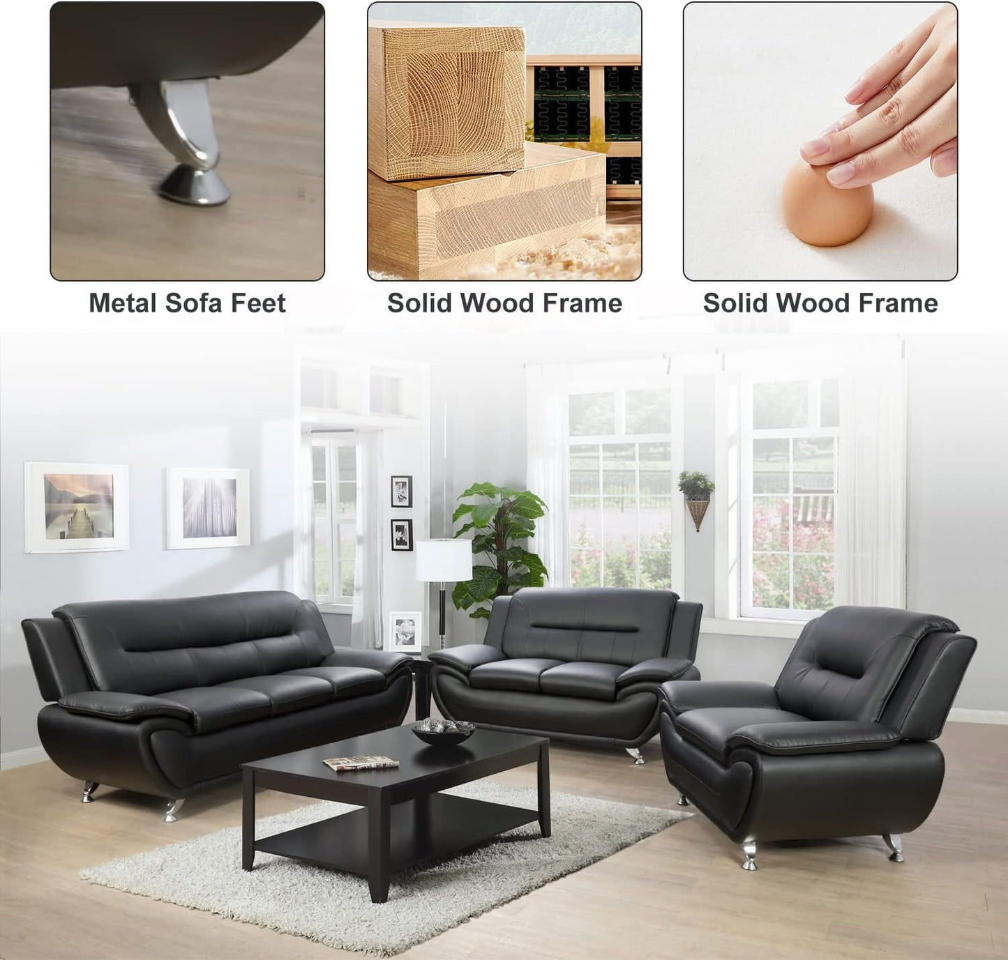 Modern Living Room Furniture Set,Leather Sofa Set for Living Room,Leather Couch Living Room Set for Office (Sofa and Loveseat Set,Black 2)-3