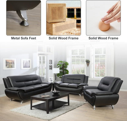 Modern Living Room Furniture Set,Leather Sofa Set for Living Room,Leather Couch Living Room Set for Office (Sofa and Loveseat Set,Black 2)-3