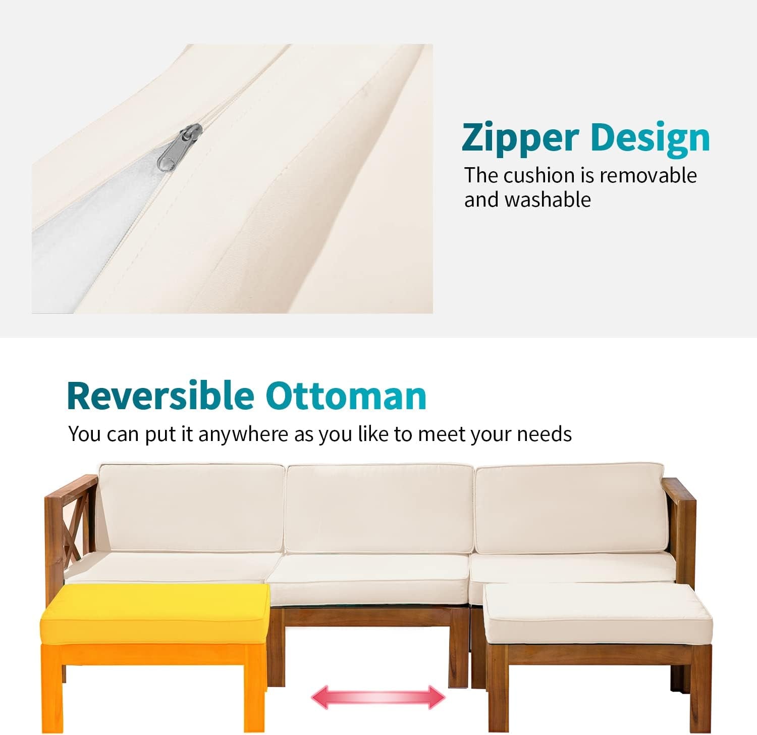 5-Piece Acacia Wood Outdoor Sofa Set Patio Bistro Set Furniture Outdoor Chat Conversation Table Chair Set with Water Resistant Cushions and Coffee Table for Beach Backyard Garden-2