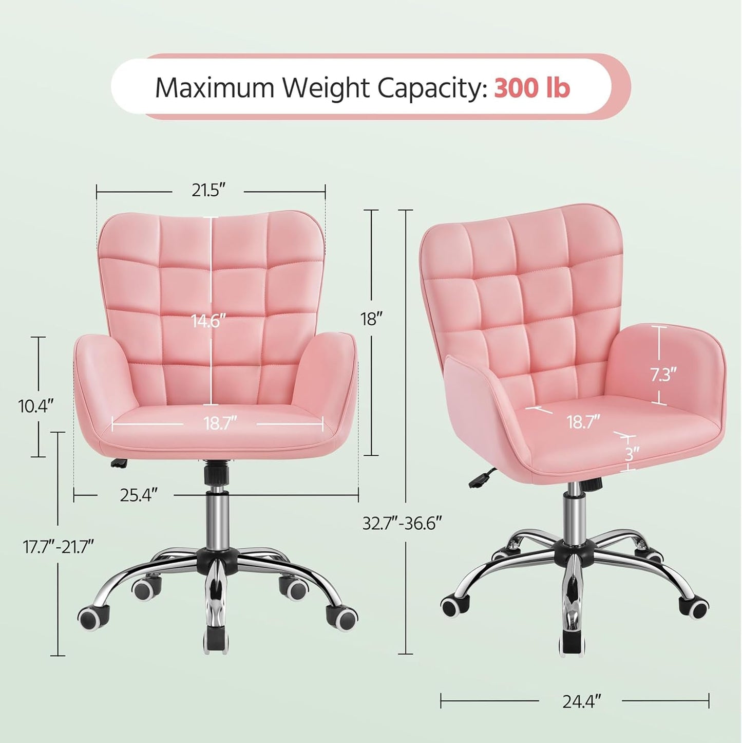 Faux Leather Office Chair Modern Vanity Chair Ergonomic Adjustable Makeup Chair with Padded Armrests Big Seat for Office, Study, Home, Pink-2