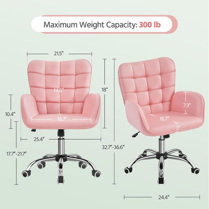 Faux Leather Office Chair Modern Vanity Chair Ergonomic Adjustable Makeup Chair with Padded Armrests Big Seat for Office, Study, Home, Pink-2