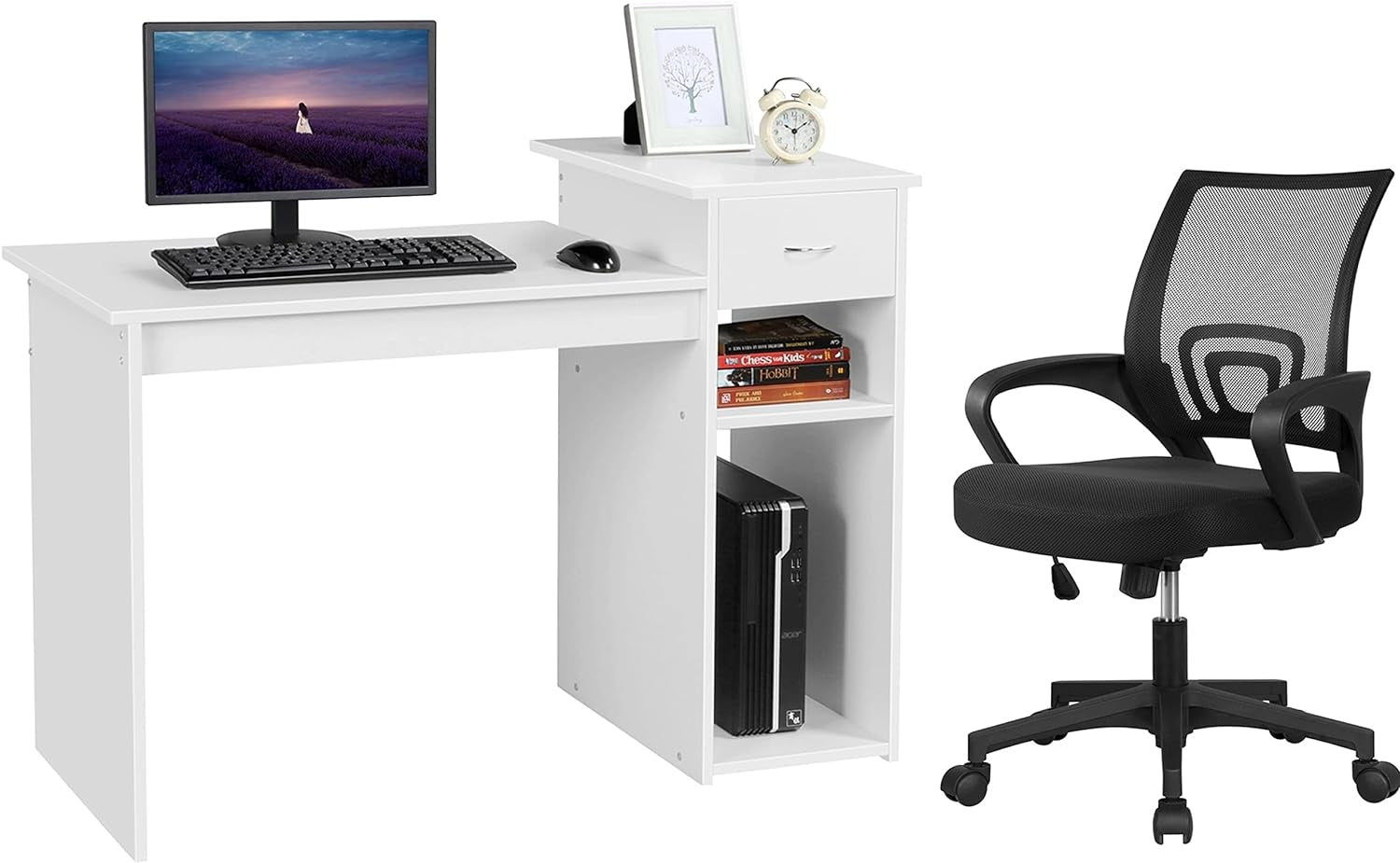White Desk & Black Mesh Chair Set, Adjustable-1