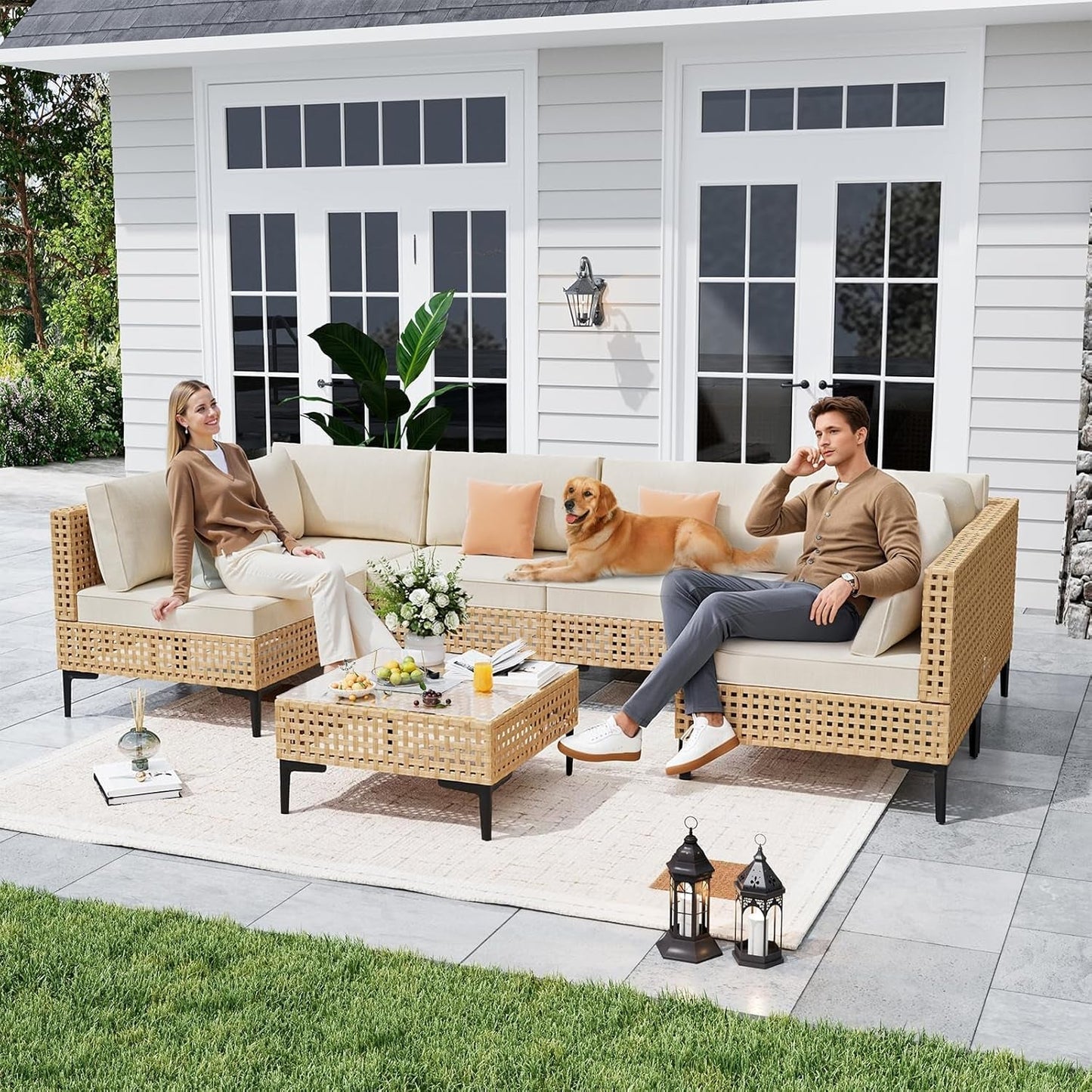 Paito Furniture Set, 110" Large 7-Piece Wicker Outdoor Paito Furniture Sets with Coffee Table,Boho Patio Conversation Set Sectional Sofa with All-Weather Cushions for Backyard,Porch,Beige-1