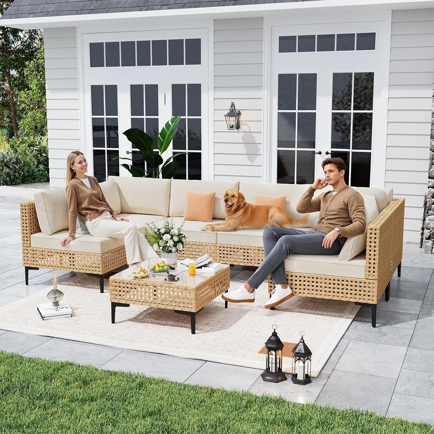 Paito Furniture Set, 110" Large 7-Piece Wicker Outdoor Paito Furniture Sets with Coffee Table,Boho Patio Conversation Set Sectional Sofa with All-Weather Cushions for Backyard,Porch,Beige-1