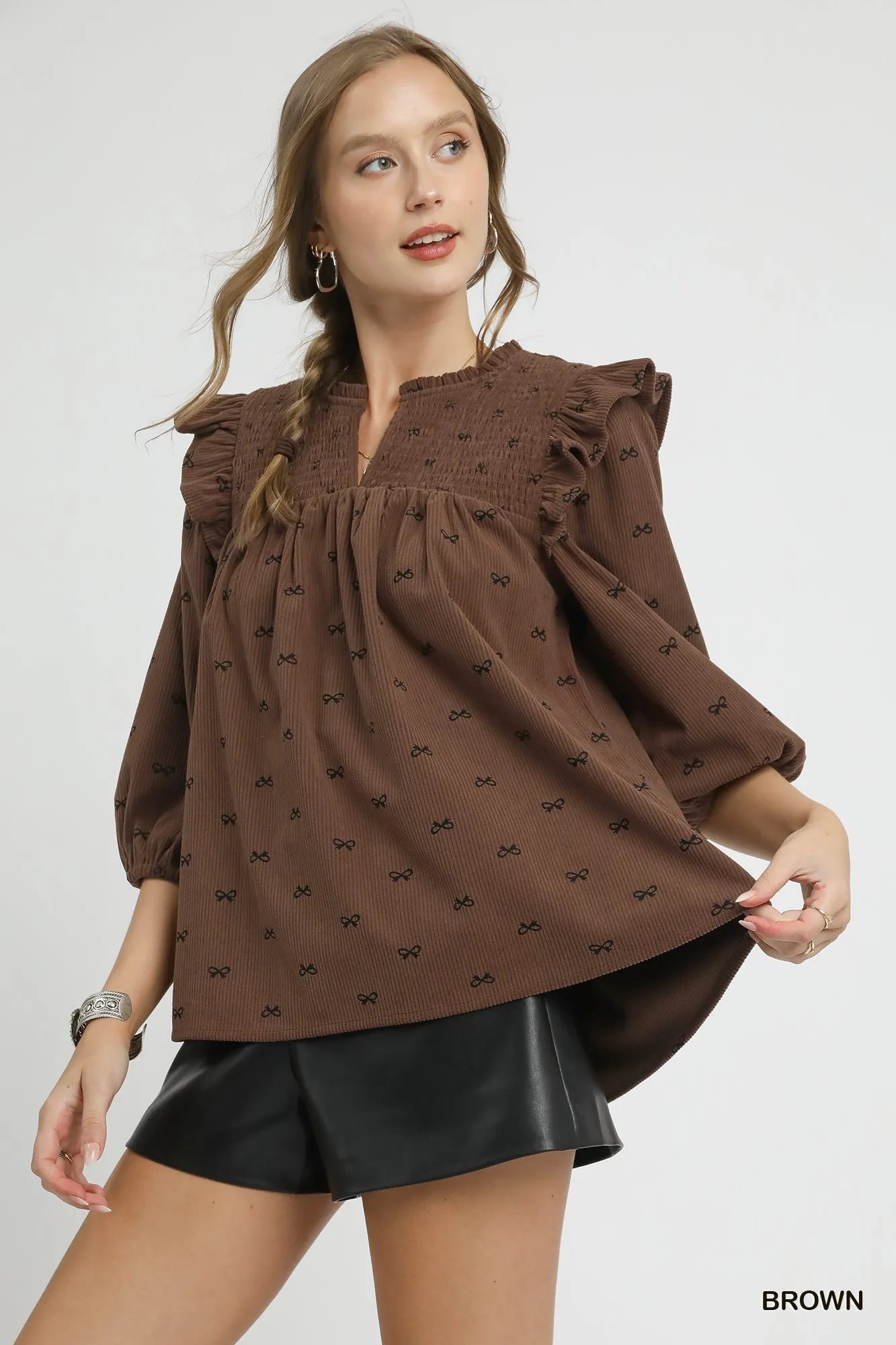 Umgee Bow Print Corduroy Puff Sleeve Blouse with Ruffled
