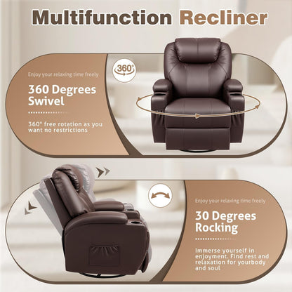 Recliner Chair, 360° Swivel Rocker Chair for Adults, Rocking Recliner Chair with Massage, Comfy Single Sofa with Side Pockets Cup Holders for Living Room, Bedroom, Nursery (Leather, Dark Brown)-3